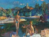 une peinture à l'huile représentant deux personnes sur une plage près d'un plan d'eau