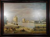 une peinture représentant une peinture d'une ville au bord de l'eau