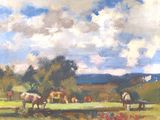 un tableau représentant un groupe de chevaux paissant dans un champ