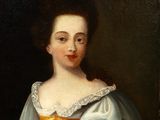 a painting of a woman in a blue dress and gold trim