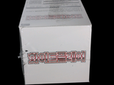 a white box with a red and black logo on it