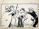 drawing of a cartoon of a man being attacked by a man with a sword