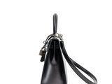the small black bag is on a white surface with a strap