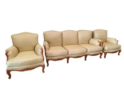 three pieces of furniture sitting on top of a white floor
