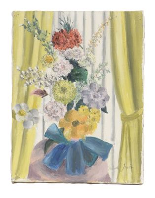 a painting of flowers in a vase on a table