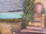 a painting of a view of the ocean from a porch