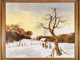 an oil painting of a winter scene with people walking in the snow