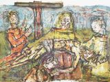 painting of a group of people sitting on a couch with a cross in the background