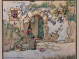 an image of a painting of a woman and a dog outside of a house