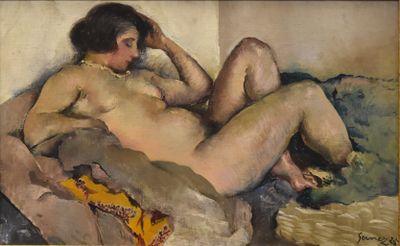 tableau représentant une femme nue assise sur un canapé, les jambes croisées