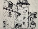 drawing of a castle with a clock tower on the top of it