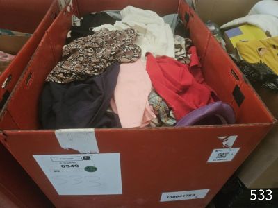 a box full of clothes that is sitting on the floor