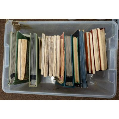 a lot of books in a plastic box on the floor