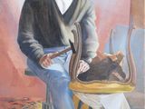 tableau représentant un homme assis sur une chaise, avec un chat sur les genoux