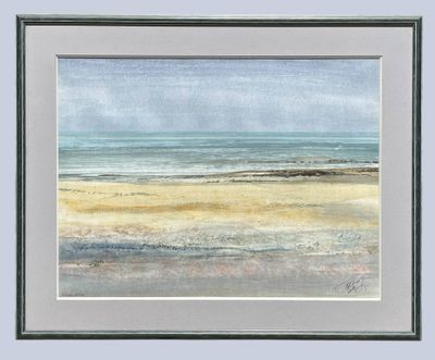 une peinture représentant une scène de plage avec un ciel bleu et de l'eau