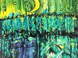 an oil painting of two owls sitting on a tree with a moon in the background