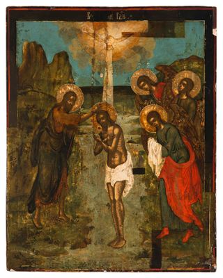 an old painting of jesus on the cross with other people
