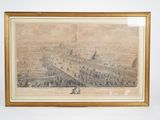 an old drawing of a city with a lot of people in it