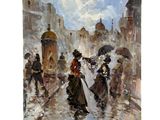 une peinture de personnes marchant dans la rue avec des parapluies