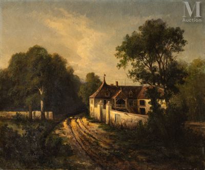une image représentant un tableau représentant une scène de campagne avec une maison et des arbres