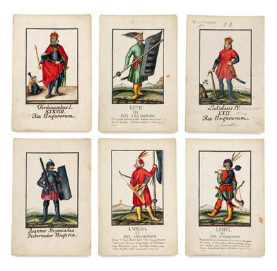 six illustrations en couleurs représentant des hommes en vêtements médiévaux