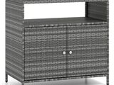 a gray wicker sideboard with two drawers and a shelf