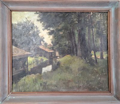 une peinture à l'huile représentant une cabane dans les bois, au bord d'une rivière