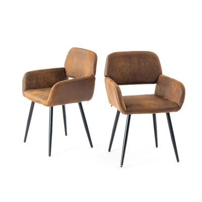 two brown chairs with black legs on a white background