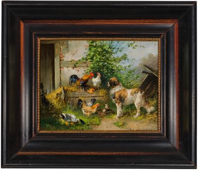 une peinture à l'huile représentant des poules et des coqs dans une grange
