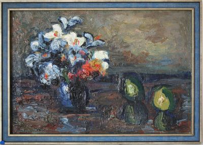 a painting of flowers in a vase on a table