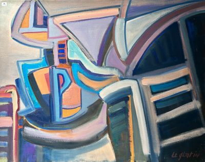 un tableau représentant une guitare et une chaise posées sur une table