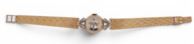 an image of a woman ' s watch with a gold band