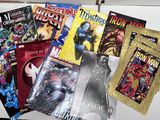 a box full of comic books sitting on a table