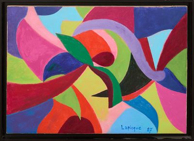 tableau représentant une peinture abstraite colorée, encadrée d'un cadre noir, accrochée au mur