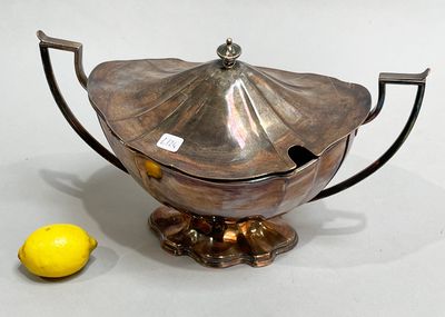 a silver teapot with a lemon next to it