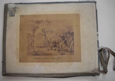 dessin représentant un homme à cheval tirant une charrette sur laquelle se trouve un autre homme à cheval
