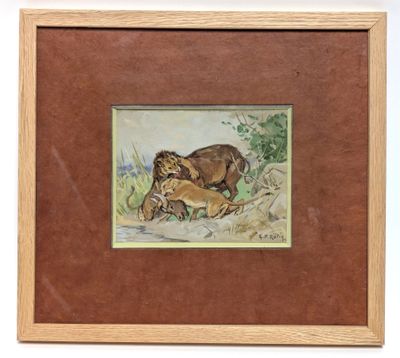 tableau représentant un lion et une lionne dans un champ