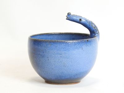 a blue bowl with a snake sticking out of it