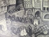 drawing of a group of people standing in front of a building