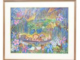 tableau représentant des enfants dans un bateau, entourés de fleurs et d'arbres