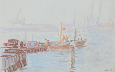 painting of boats docked in a harbor with a city in the background