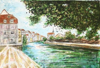 tableau représentant une rivière avec un pont et un bâtiment en arrière-plan