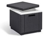 a black wicker storage box with a white lid