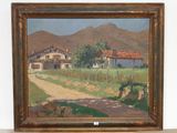 an image of a painting of a farm with a dirt road in front of a house
