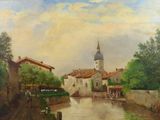 a painting of a river running through a town