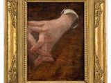 a painting of a hand holding a persons hand in a gold frame