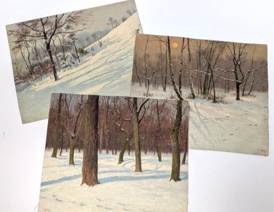 three postcards of a snowy landscape with trees and a house