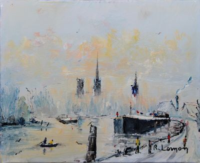 a painting of a boat in the water with a castle in the background