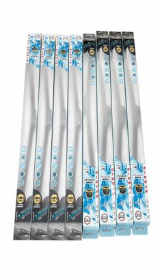 a set of six blue and white toothbrushes sitting on top of each other