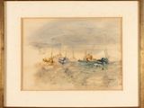 a painting of a group of boats in the water